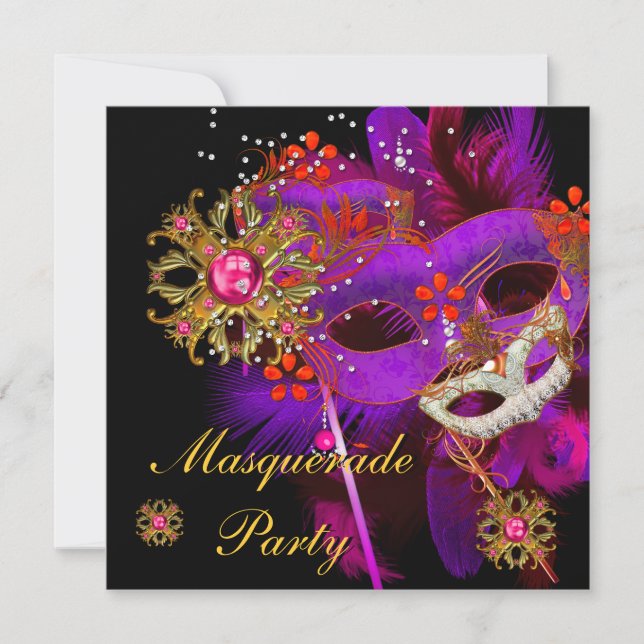 Invitation Masquerade Ball Party violet rose noir masques (Devant)
