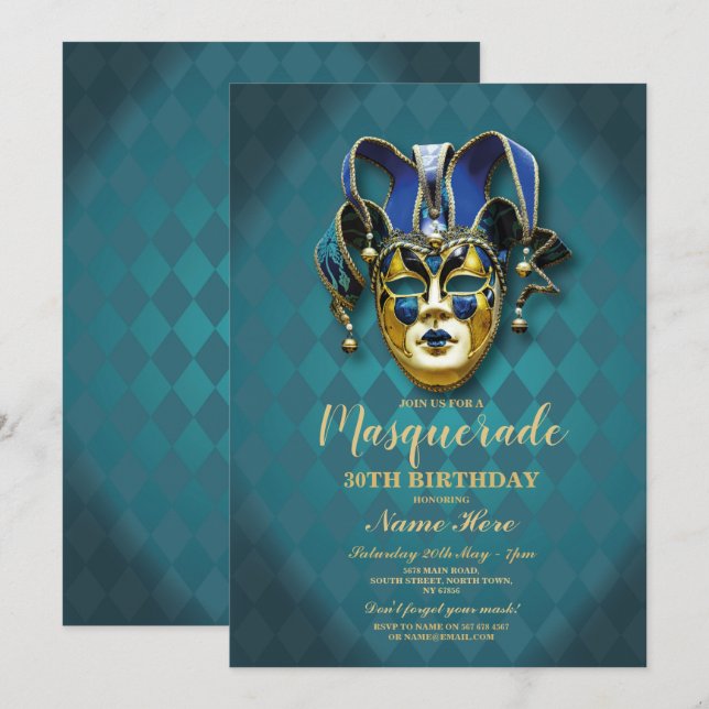Invitation Masquerade Birthday Party Turquoise Gold Mask Invi (Devant / Derrière)