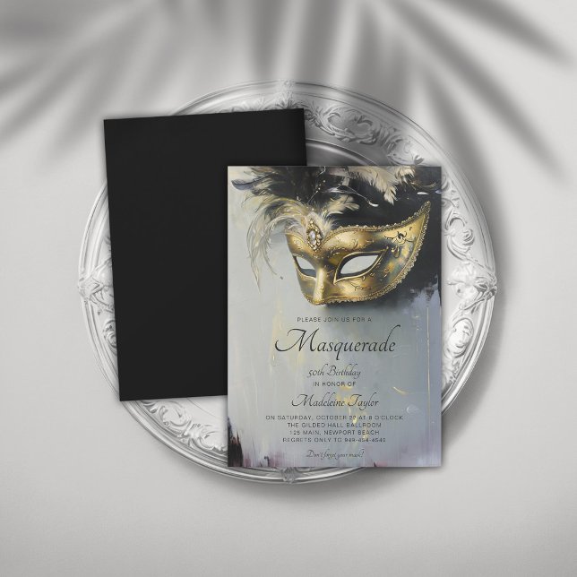 Invitation Masquerade Black Gold Mask Oil Art 50e anniversair (masquerade 50th birthday party invitation glamorous gold black venetian mask elegant modern)