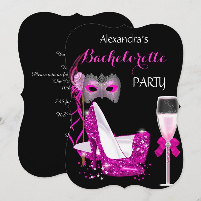 Invitation Masquerade Champagne Bachelorette Hot Pink l2 (Devant / Derrière)
