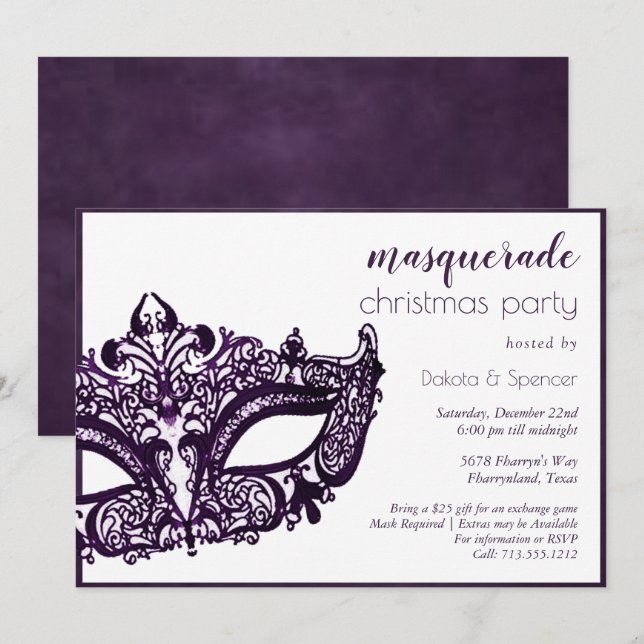 Invitation Masquerade de masque violet | Mardi Gras Fête (Devant / Derrière)