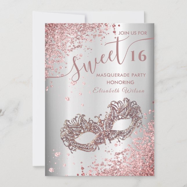 Invitation Masquerade diamant luxe rose or doux 16 Invi (Devant)