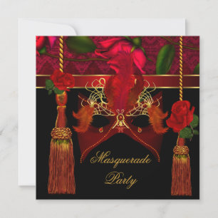 Invitation Masquerade élégante Black Red Rose Gold Party