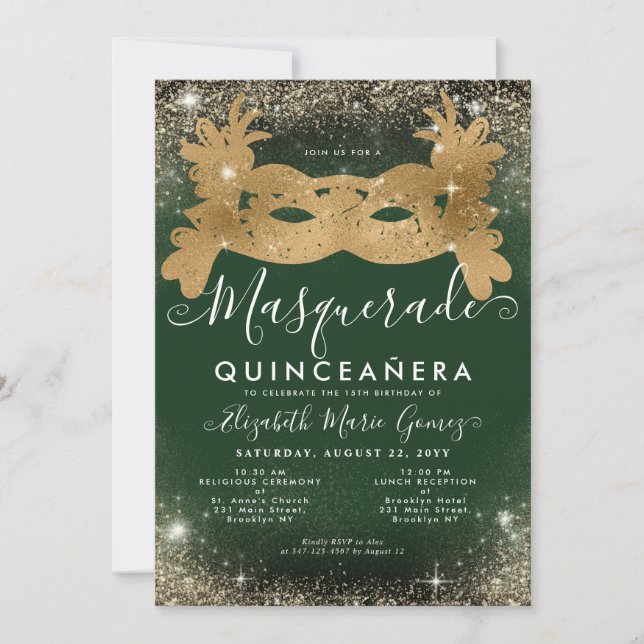 Invitation Masquerade Emerald Green Gold Parties scintillant  (Devant)