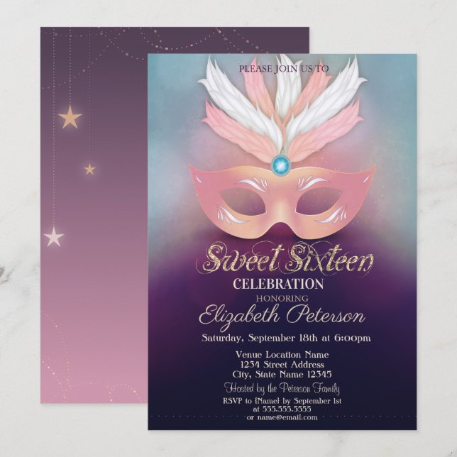 Invitation Masquerade, Étoiles, Ombre Sweet 16 (Devant / Derrière)