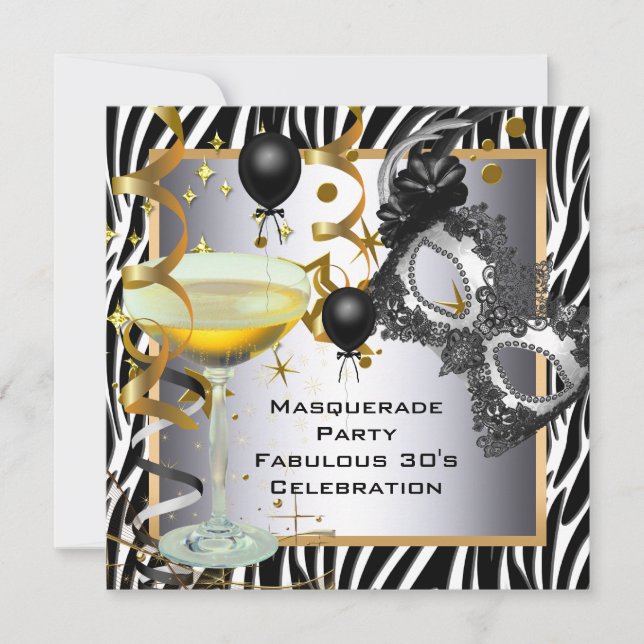 Invitation Masquerade Fabuleux 30e Zebra Silver Gold Noir (Devant)