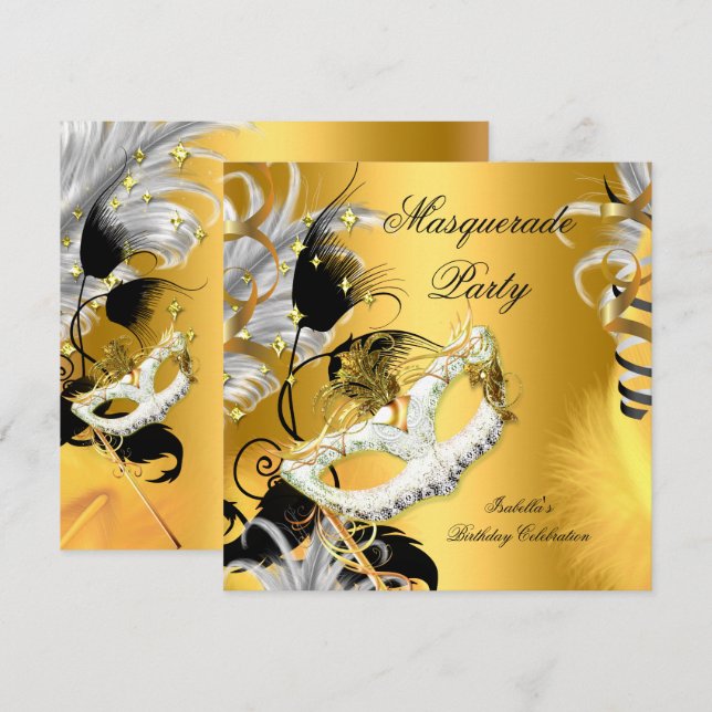 Invitation Masquerade fête Anniversaire Masque Black Gold (Devant / Derrière)