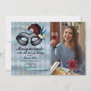 Invitation Masquerade fête d'anniversaire Gold Blue Mask Phot
