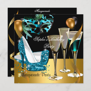 Invitation Masquerade fête d'anniversaire Turquoise Vin d'or