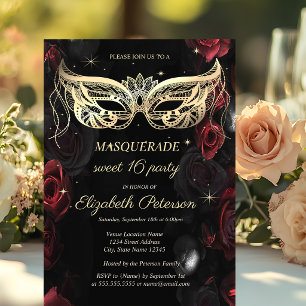 Invitation Masquerade Fleurs Rouges Sombres Gothique Douze Se