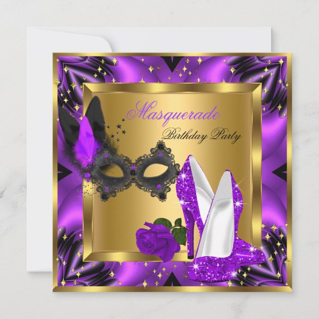 Invitation Masquerade Gold Abstrait Purple Magenta Haut talon (Devant)