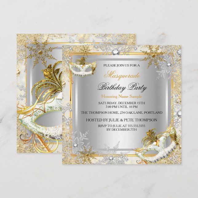 Invitation Masquerade Gold Silver Snowflakes Fête 2 (Devant / Derrière)