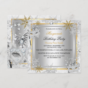 Invitation Masquerade Gold Snowflakes Silver Mask Party 2