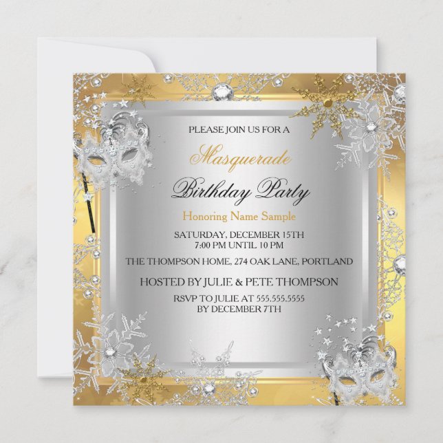 Invitation Masquerade Gold Snowflakes Silver Mask Party 3 (Devant)