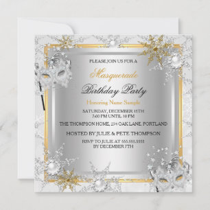 Invitation Masquerade Gold Snowflakes Silver Mask Party A