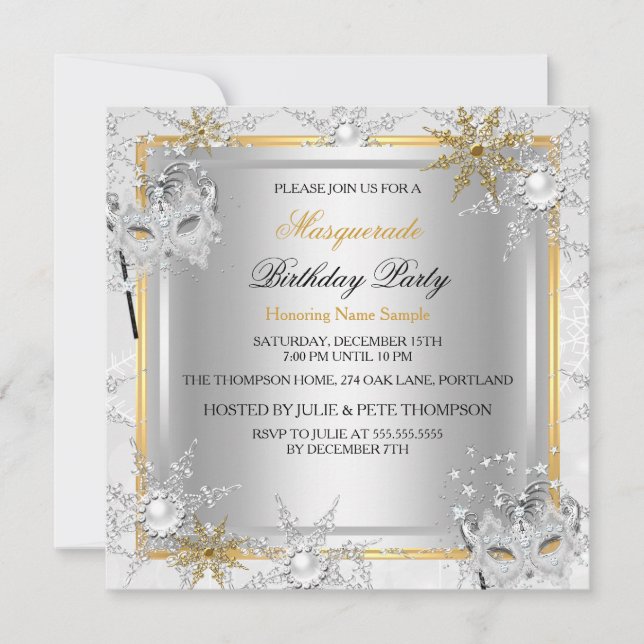 Invitation Masquerade Gold Snowflakes Silver Mask Party A (Devant)