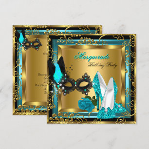 Invitation Masquerade Gold Turquoise Black Parties scintillan