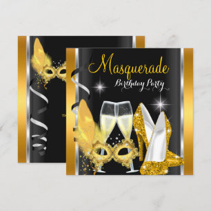 Invitation Masquerade Hi Heures Gold Black Champagne Party 2d