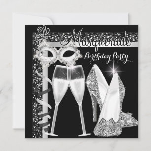 Invitation Masquerade Hi Heures Silver Black Champagne Party