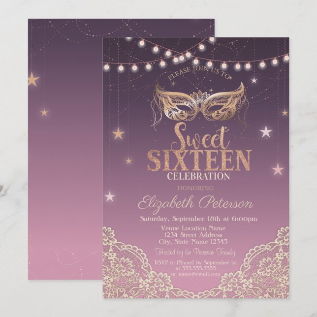 Invitation Masquerade, Lumières à cordes, Dentelle douce 16 (Devant / Derrière)