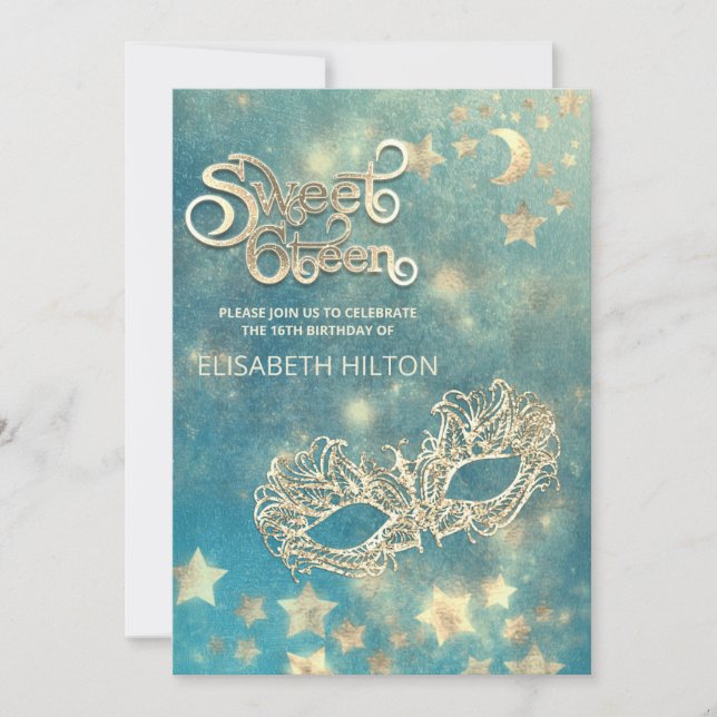 Invitation Masquerade lune & étoiles calligraphie sweet sixte (Devant)