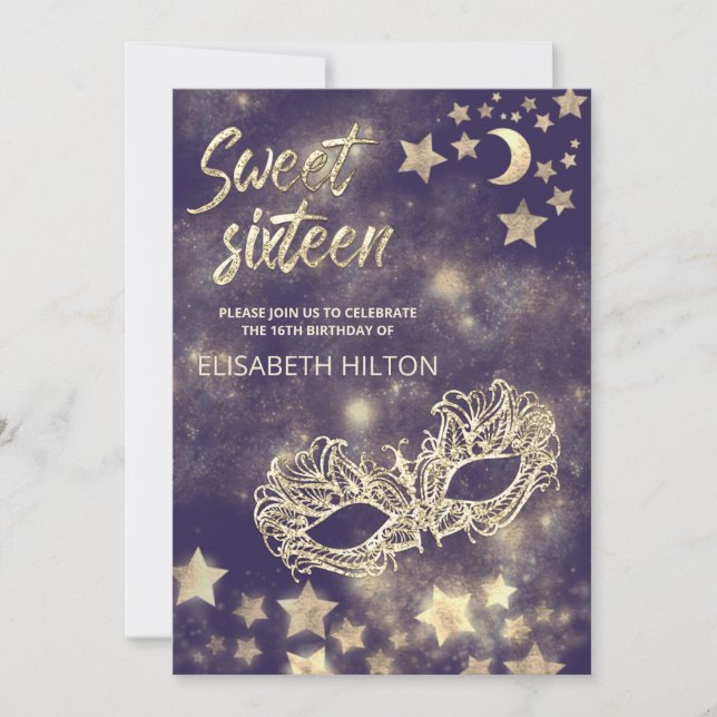 Invitation Masquerade lune & étoiles calligraphie sweet sixte (Devant)