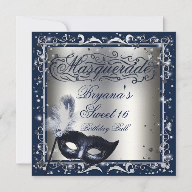 Invitation Masquerade Masque Argent et Royal Bleu fête d'anni (Devant)
