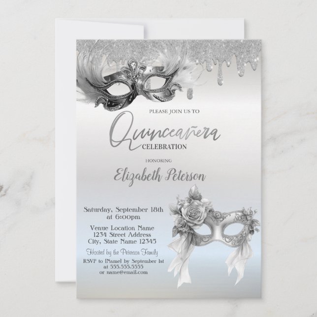 Invitation Masquerade Masque Glitter Drips Silver Quinceanera (Devant)