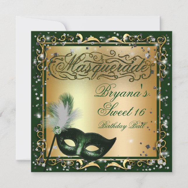 Invitation Masquerade Masque Gold & Green fête d'anniversaire (Devant)