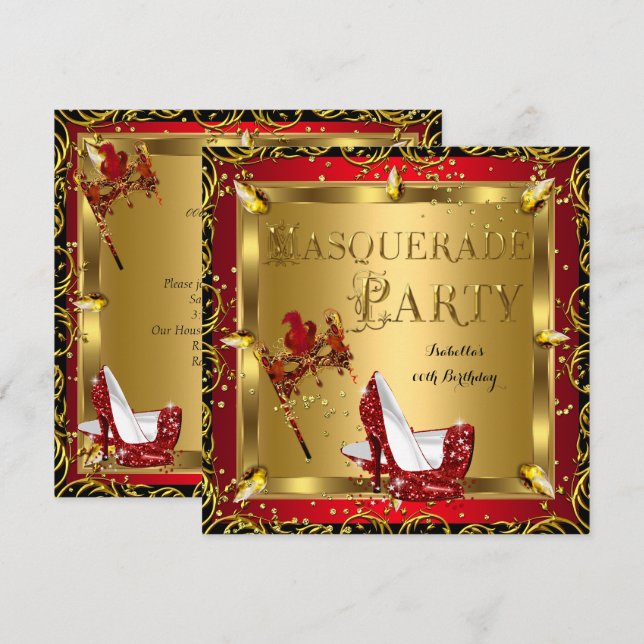 Invitation Masquerade Masque Haut talon Rouge Or Anniversaire (Devant / Derrière)