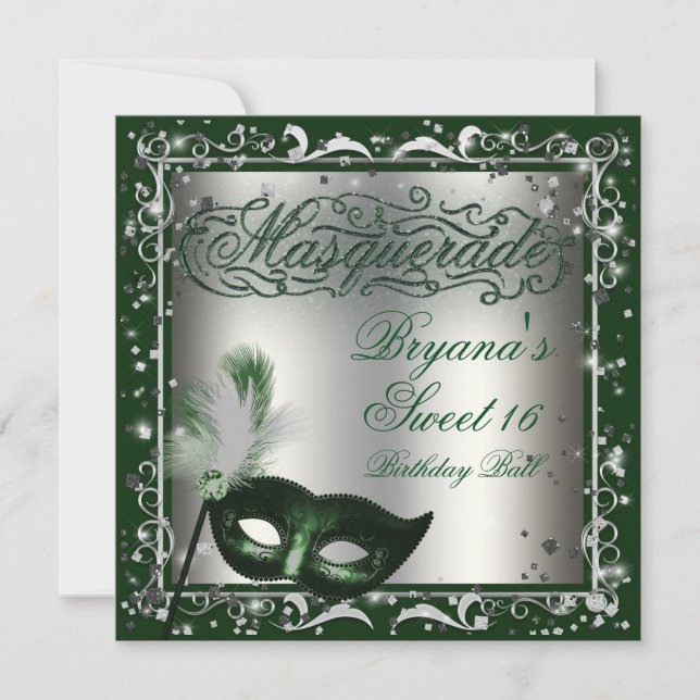 Invitation Masquerade Masque Silver & Green fête d'anniversai (Devant)