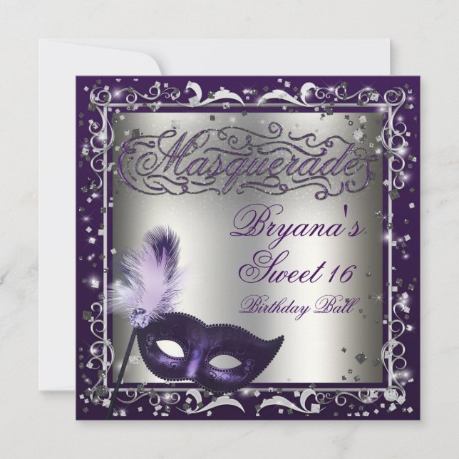 Invitation Masquerade Masque Silver & Purple Anniversaire (Devant)