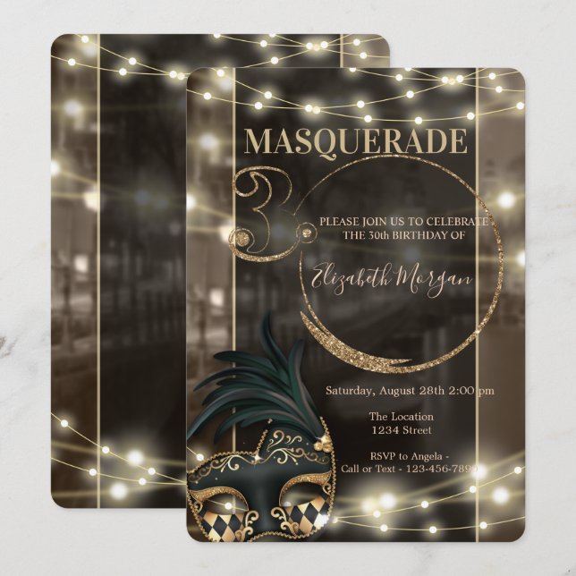 Invitation Masquerade Masque String Lights 30e anniversaire (Devant / Derrière)