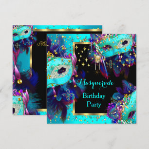 Invitation Masquerade Masqué Turquoise bleu rose fête d'anniv