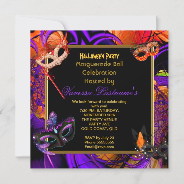 Invitation Masquerade Masquée Halloween violet orange parti (Devant)