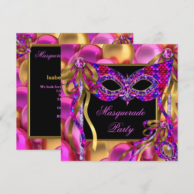 Invitation Masquerade Masques Rose violet bleu Anniversaire (Devant / Derrière)