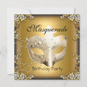 Invitation Masquerade Or Noir Fête d'anniversaire