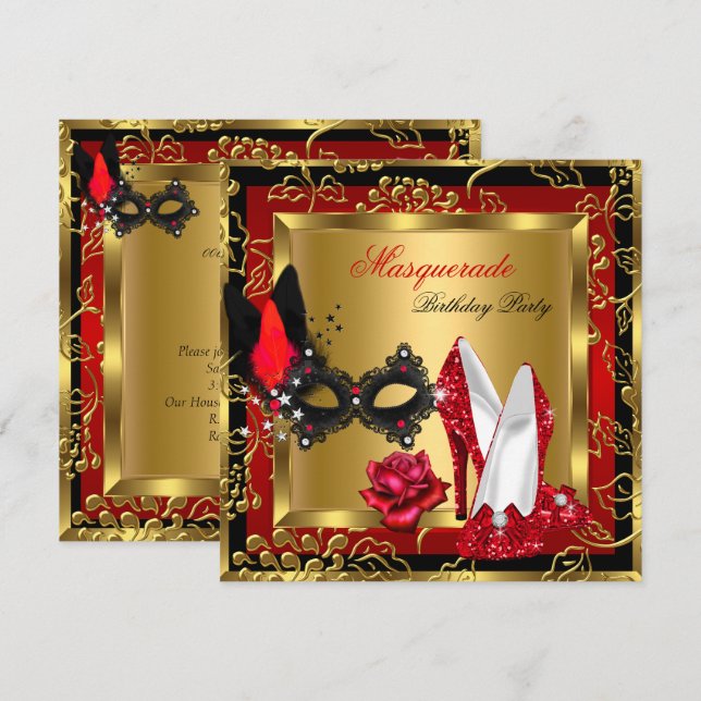 Invitation Masquerade or rouge noir Parties scintillant haute (Devant / Derrière)