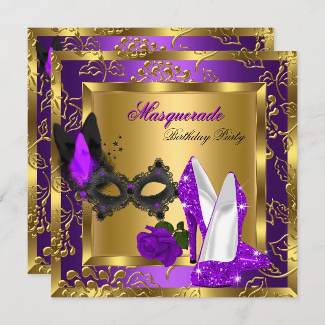 Invitation Masquerade or violet Parties scintillant noire hau (Devant / Derrière)