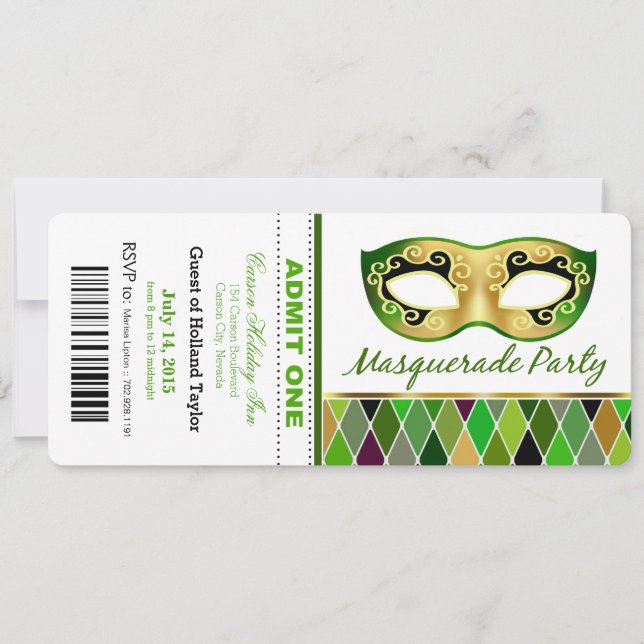Invitation Masquerade Party Admettre un billet| vert (Devant)