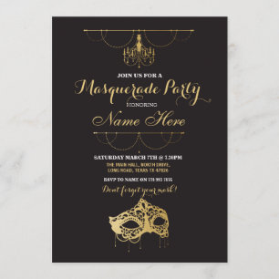 Invitation Masquerade Party Anniversaire Gold Mask