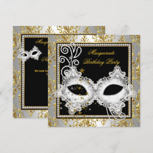 Invitation Masquerade Party Argent Or Damask Black Masque
