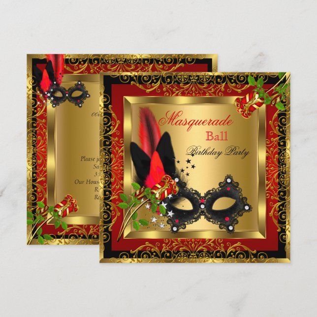 Invitation Masquerade Party Ball Gold Red Black Mask Rose (Devant / Derrière)