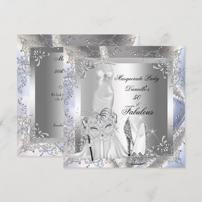 Invitation Masquerade Party Fabuleux 50 Anniversaire Argent (Devant / Derrière)