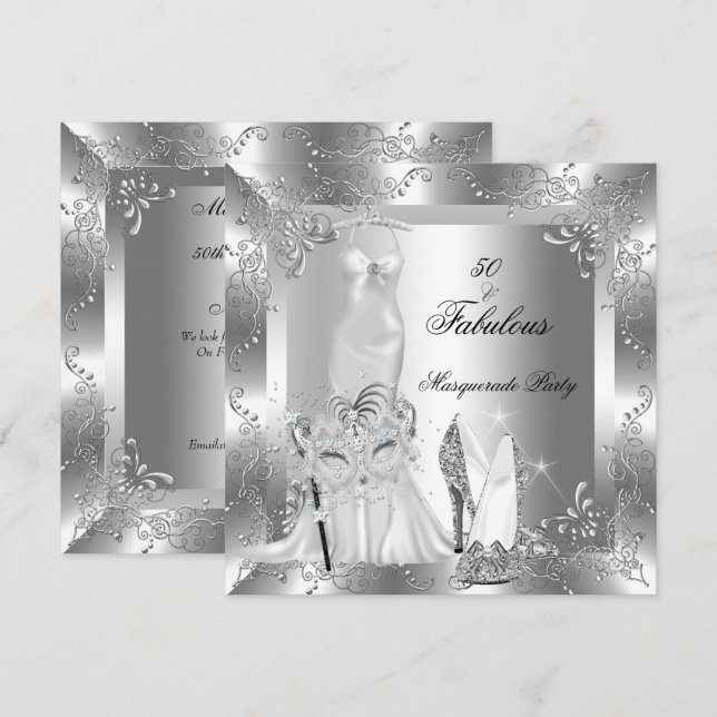 Invitation Masquerade Party Fabuleux 50 Anniversaire Argent 2 (Devant / Derrière)