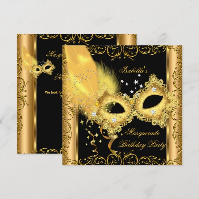 Invitation Masquerade Party Gold Black Yellow Mask 2 (Devant / Derrière)