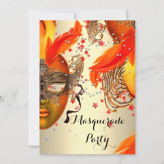 Invitation Masquerade Party Gold Jaune Orange Crème Masques (Devant)