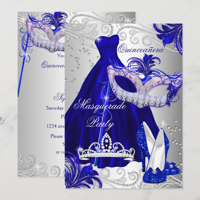 Invitation Masquerade Party Quinceanera bleu robe en argent (Devant / Derrière)
