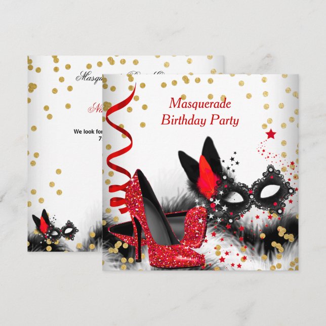 Invitation Masquerade Party Rouge talons blanc or noir Masque (Devant / Derrière)