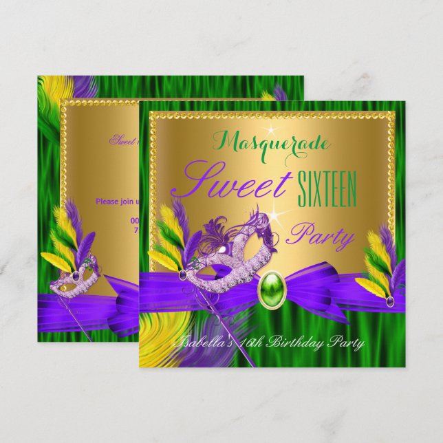 Invitation Masquerade Party Sweet 16 Purple Green Gold (Devant / Derrière)